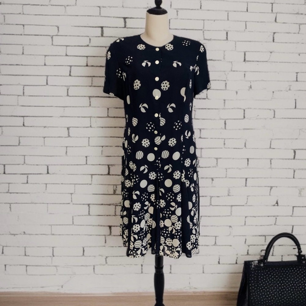 Vintage 90’s Louis Féraud Short Sleeve Midi Dress In Midnight Navy | Size 14